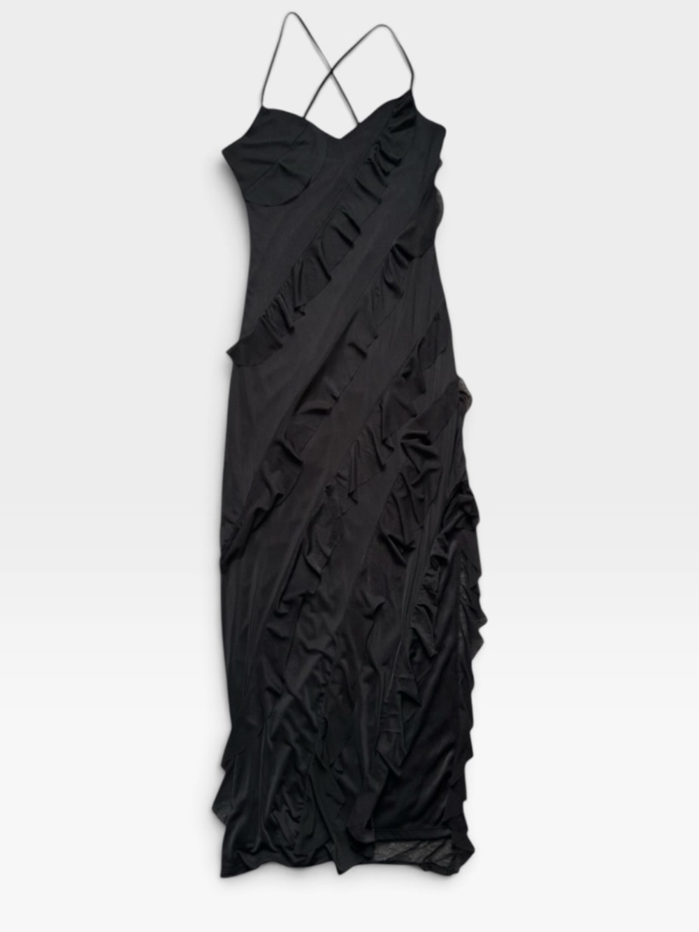 NWOT - Asymmetrical - Mesh Ruffle - Maxi Dress - Black- Size S - Picture 2 of 9